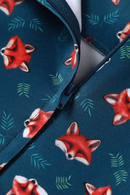Amanda Pleated Retro Dress in Dark Blue Fox Print