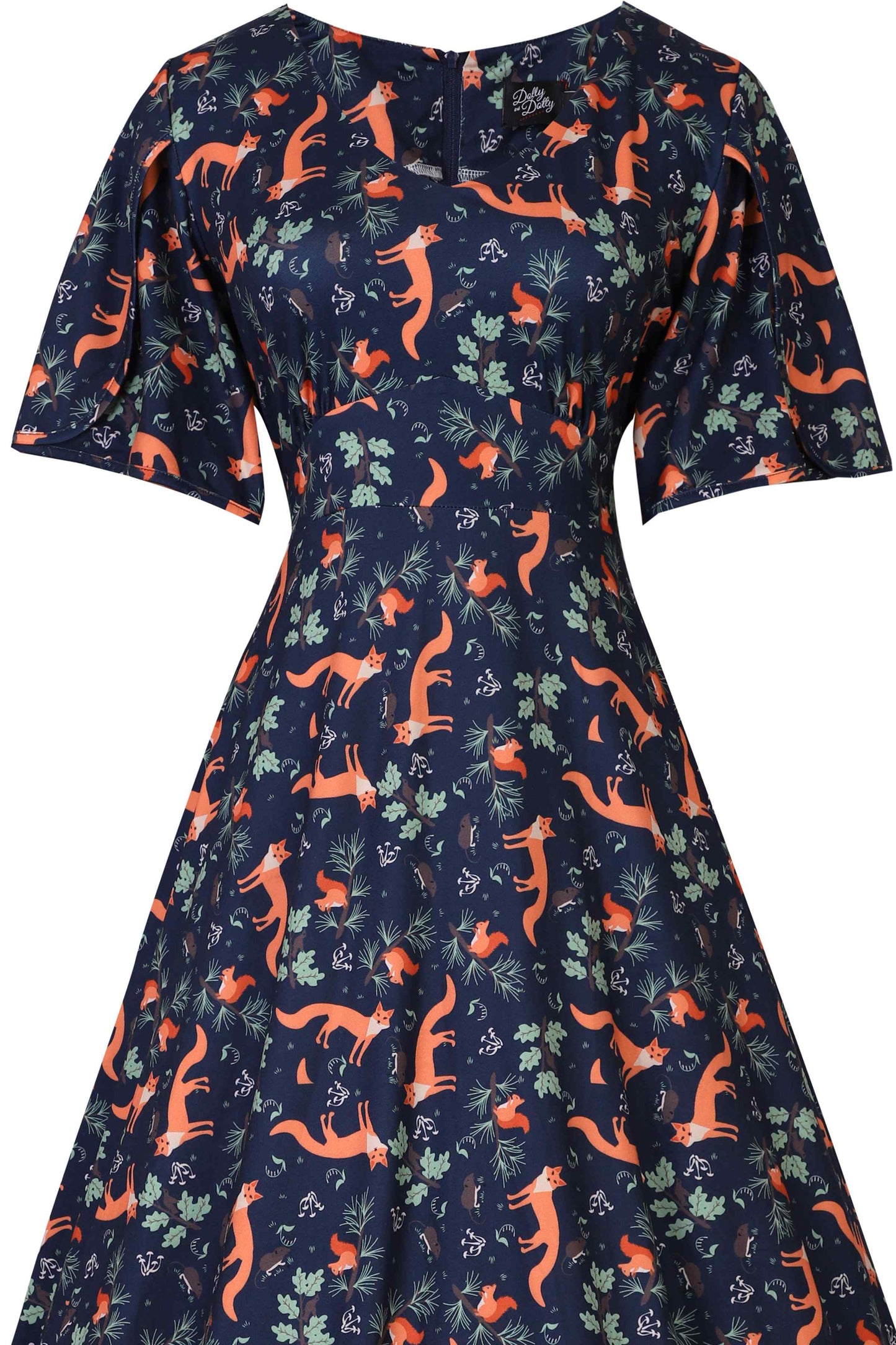 Janice Petal Sleeve Tea Dress in Navy Blue Fox Print