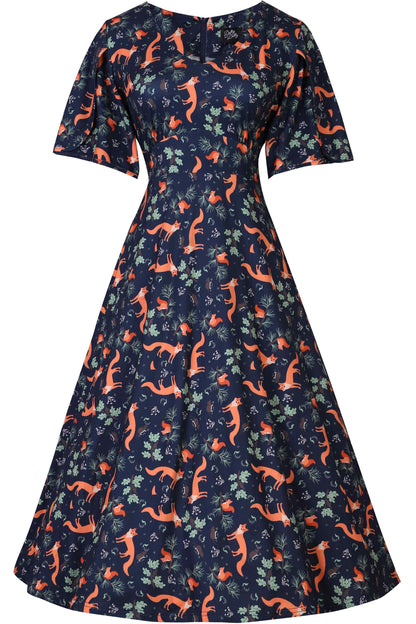 Janice Petal Sleeve Tea Dress in Navy Blue Fox Print