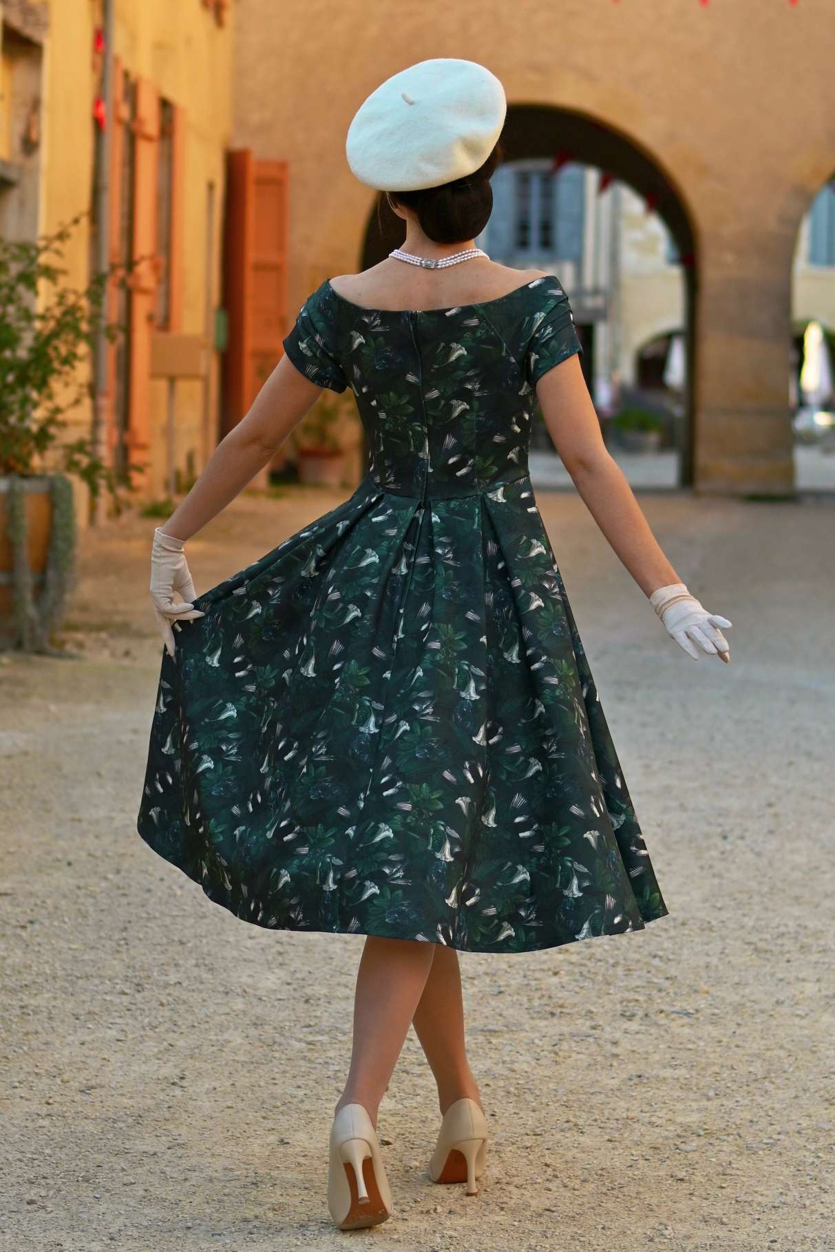 Lily Dark Green Off Shoulder Dress In Magpie Print