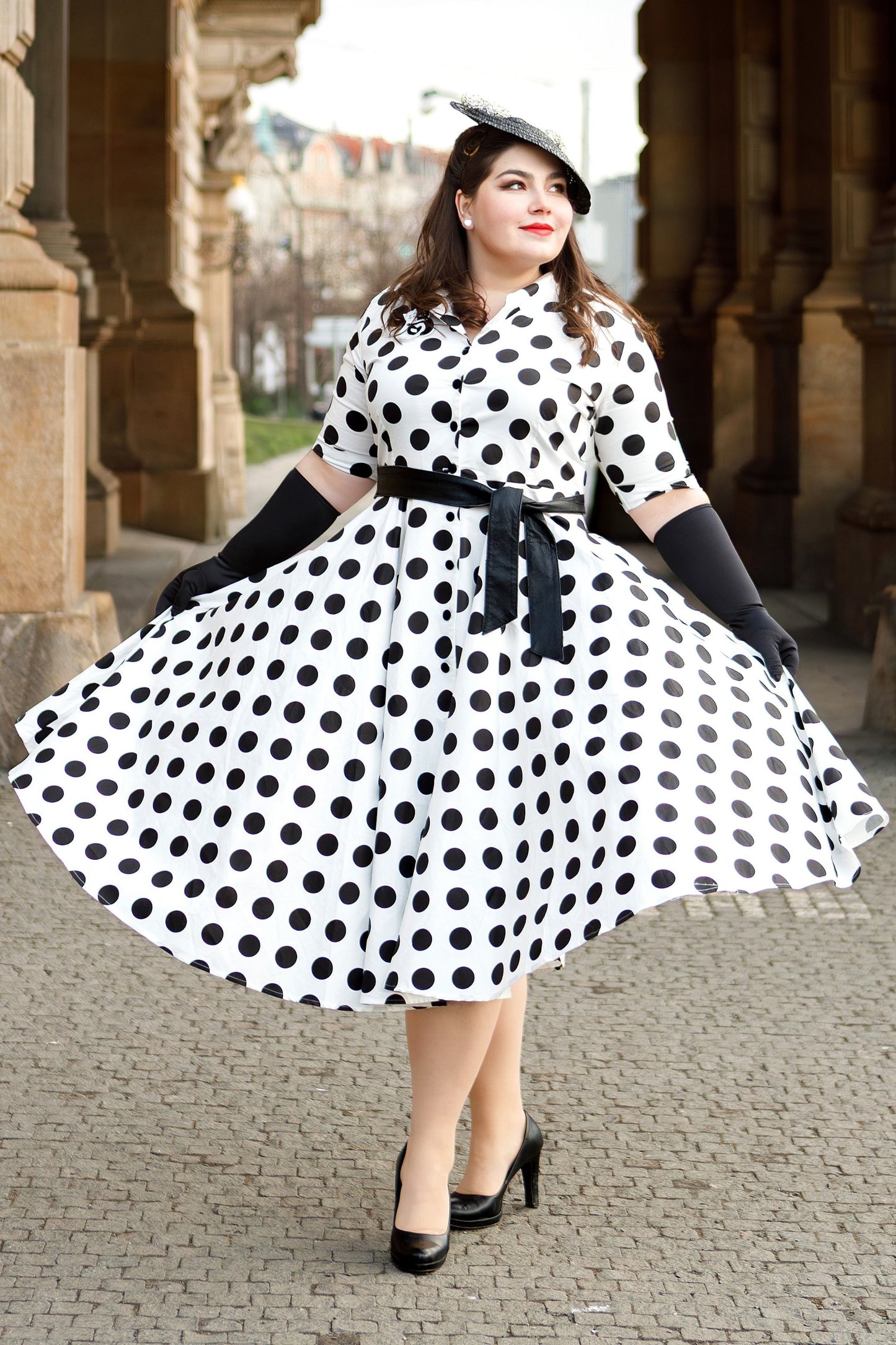Mollie Monochrome Full Circle Shirt Dress In Polka Dots