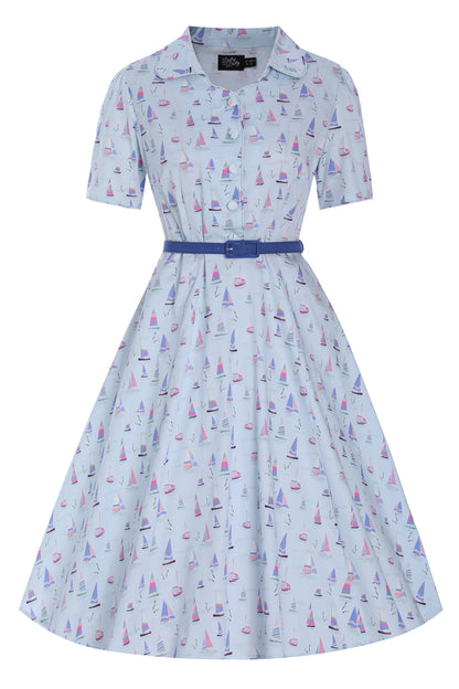 Penelope Nautical Sailboat Shirt Dress in Light Blue