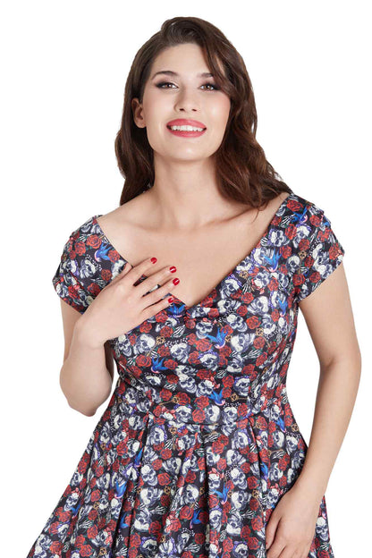 Lily Off Shoulder 50s Rockabilly Skull Dress