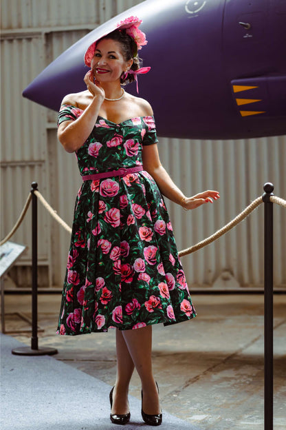 Lily Pink Camellia Off Shoulder Dress In Black