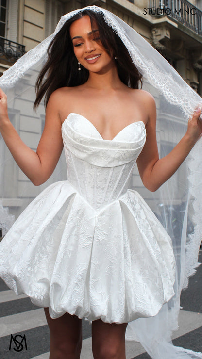 Posie Mini - White Bridal Mini Dress | Corset basque waist, floral embossed Satin Bubble Party Dress