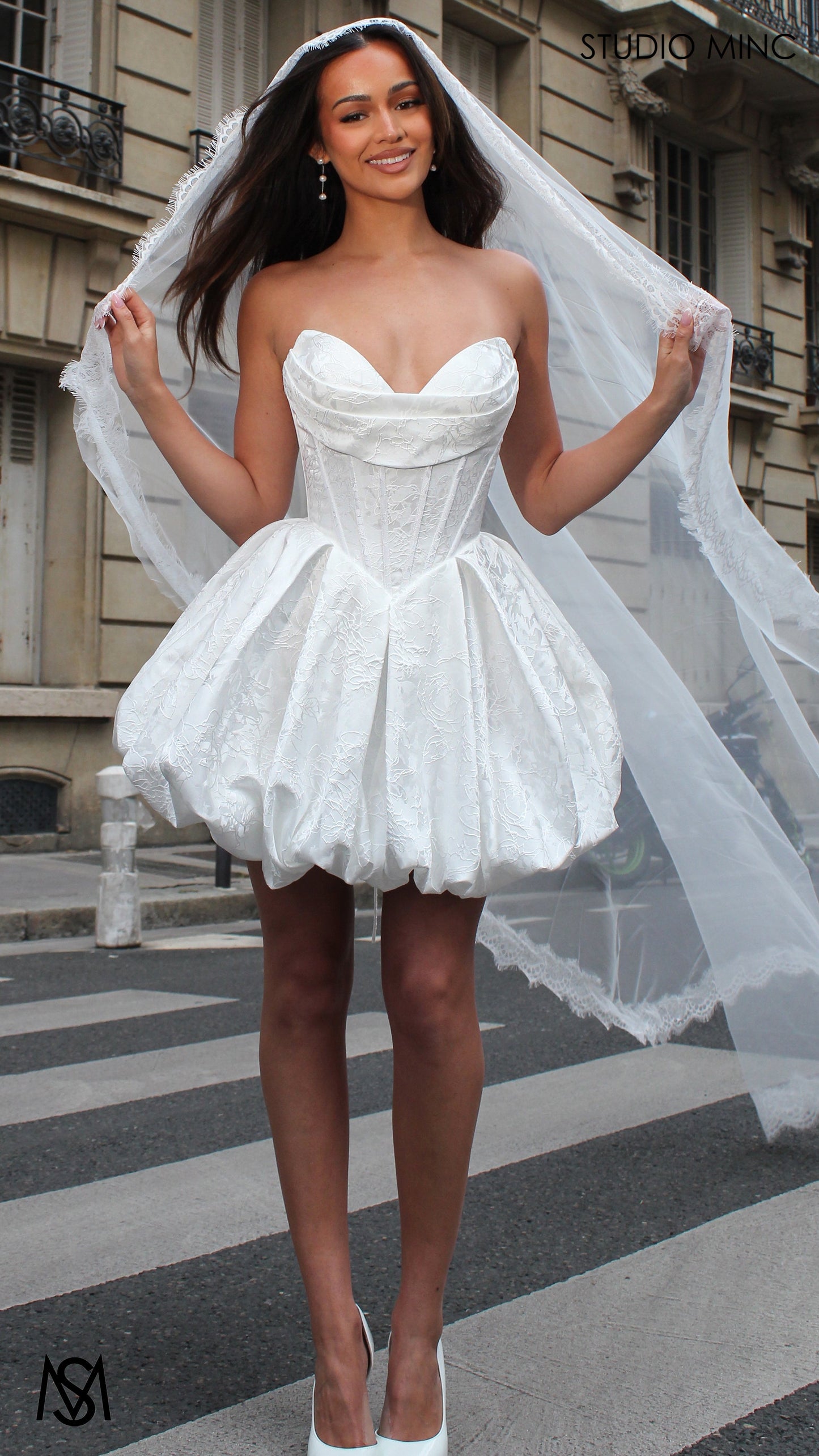Posie Mini - White Bridal Mini Dress | Corset basque waist, floral embossed Satin Bubble Party Dress