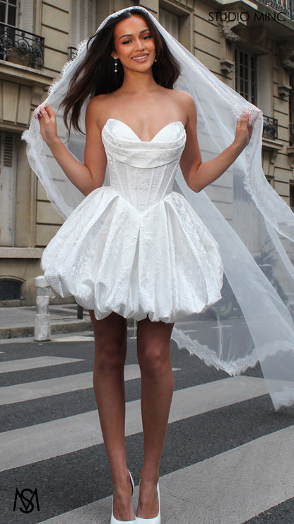Posie Mini - White Bridal Mini Dress | Corset basque waist, floral embossed Satin Bubble Party Dress