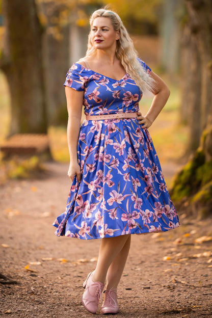 Lily Purple Alstroemeria Off Shoulder Dress