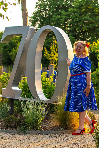 Darlene Retro Polka Dot Swing Dress in Dark Blue