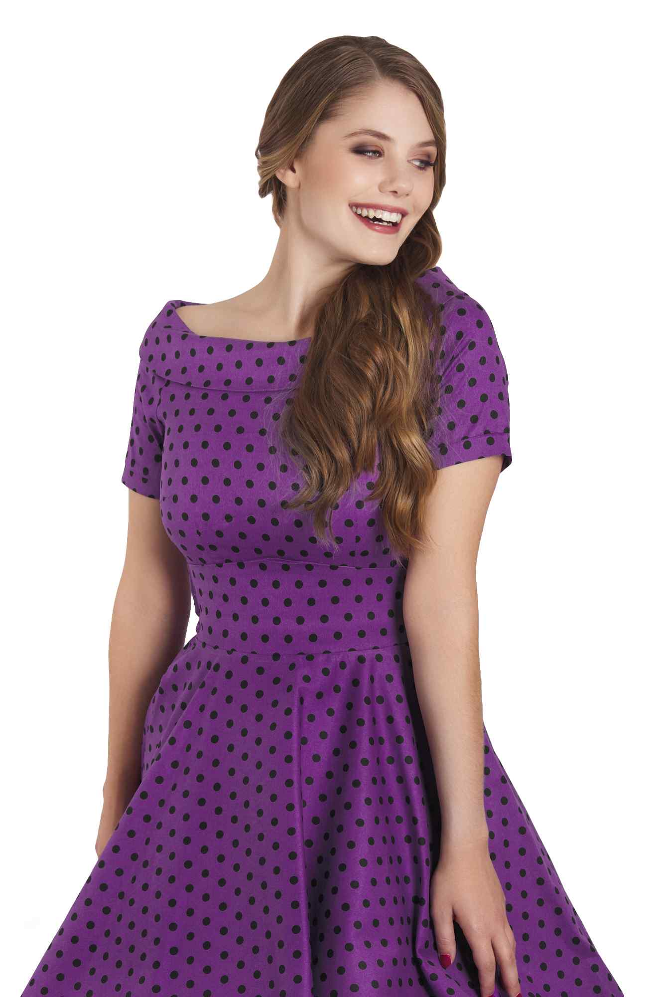Darlene Retro Polka Dot Swing Dress in Purple