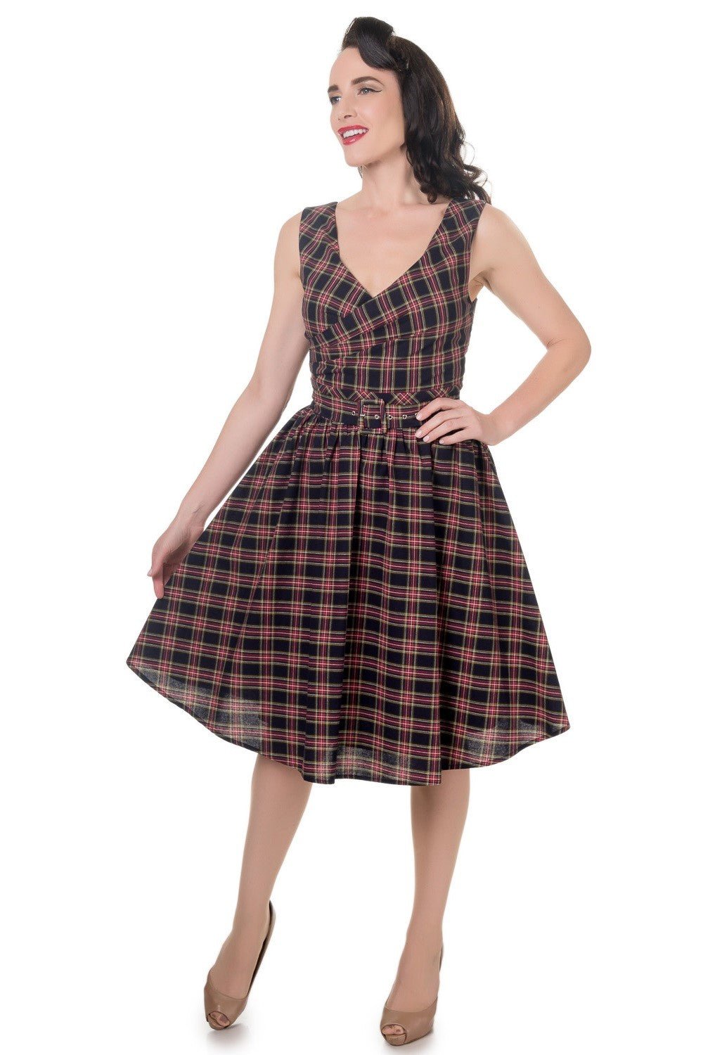 May Stylish V-neck Vintage Inspired Swing Dress in Navy Blue-Red