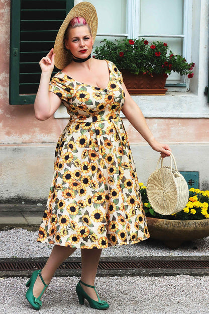 Lily Sunflower Off Shoulder Dress in Beige/Yellow