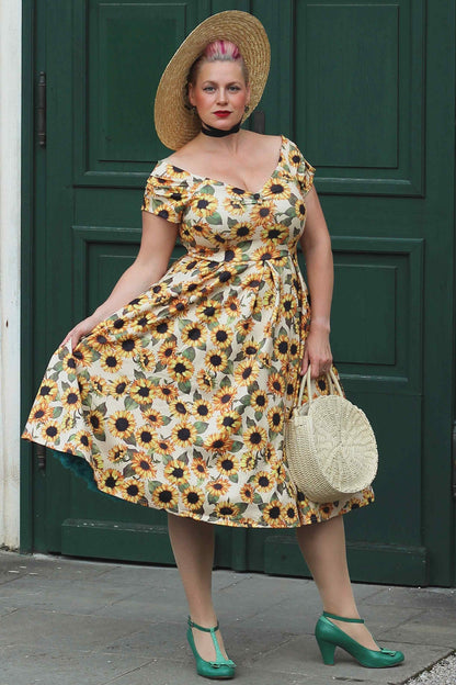 Lily Sunflower Off Shoulder Dress in Beige/Yellow