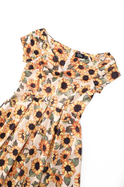 Lily Sunflower Off Shoulder Dress in Beige/Yellow