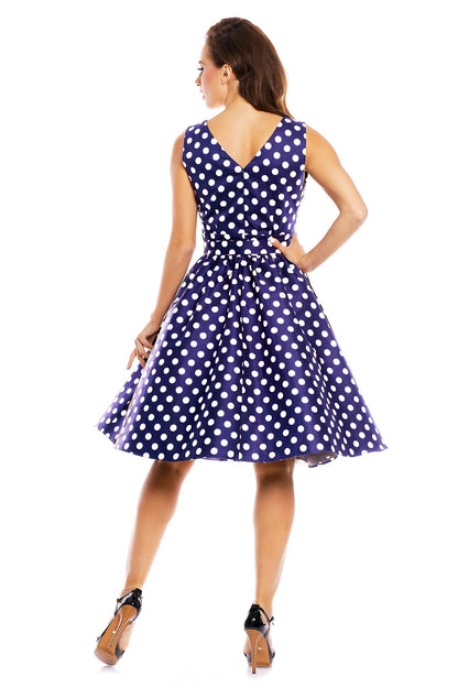 May V-neck 50s  Style Spot Dress in navy blue
