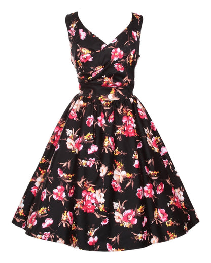 May V-neck 50s Style Swing Dress in Black-Pink Floral
