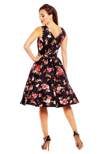 May V-neck 50s Style Swing Dress in Black-Pink Floral