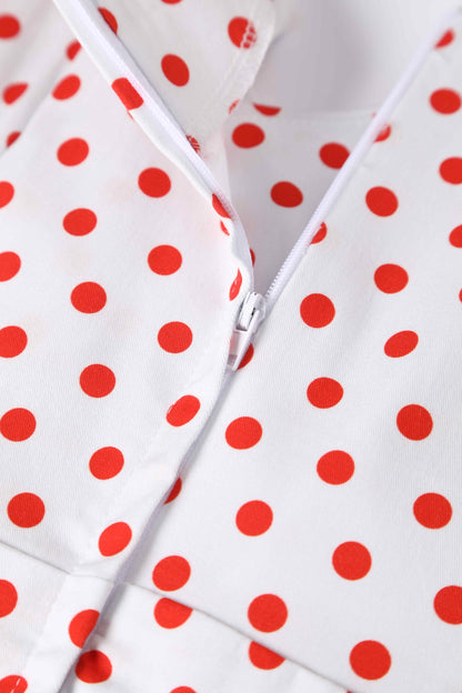 May V Neck White and Red Polka Dot Dress