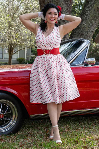 May V Neck White and Red Polka Dot Dress