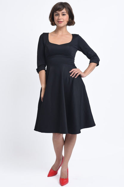 Debra Sweetheart Neckline Long Sleeves Stretchy Tea Dress Black