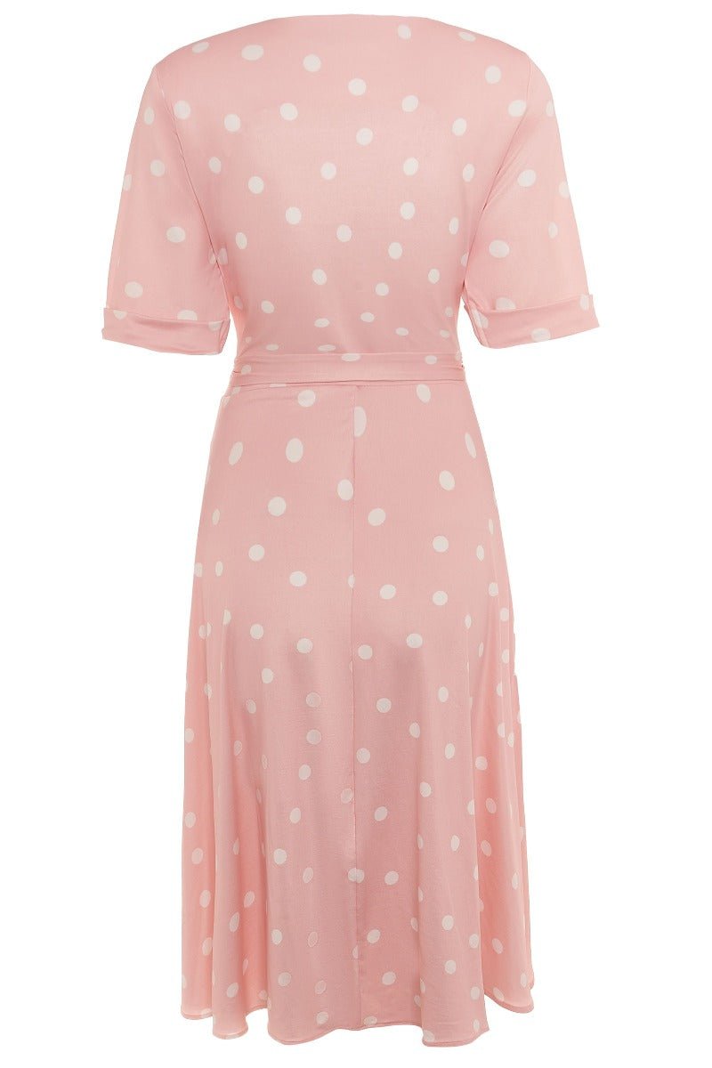 Matilda Retro Wrap Dress in Pale Pink-White Polka dots