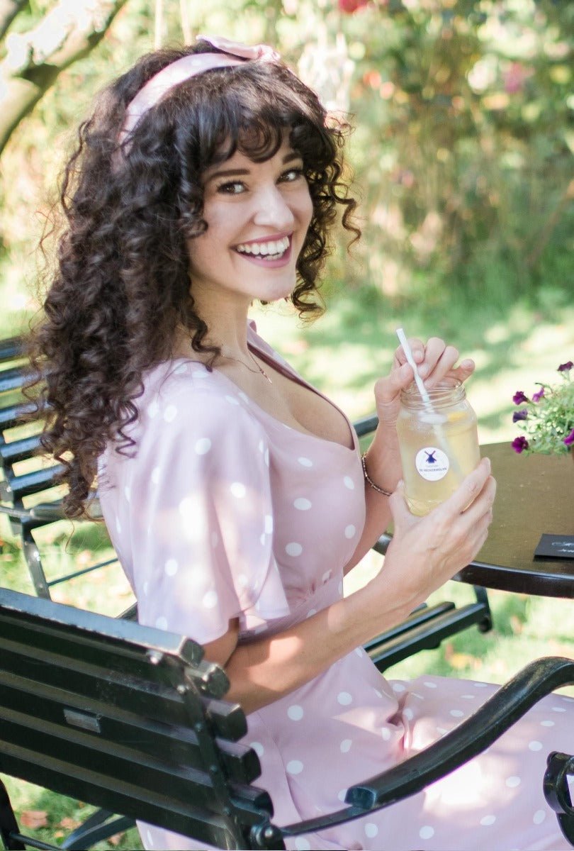 Janice V-Neck Sleeved Tea Dress in Pink Polka Dot Print