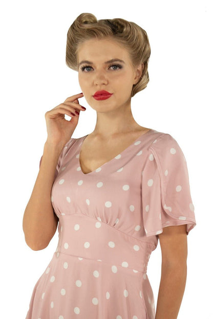 Janice V-Neck Sleeved Tea Dress in Pink Polka Dot Print