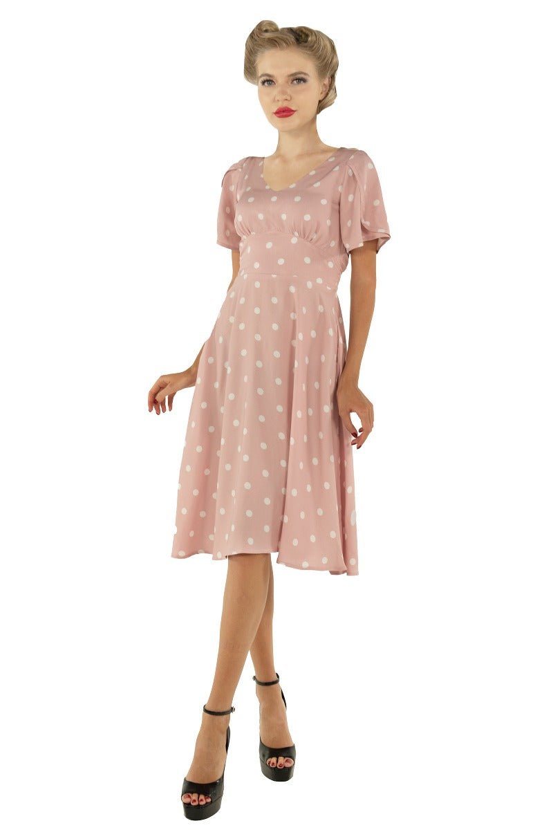 Janice V-Neck Sleeved Tea Dress in Pink Polka Dot Print