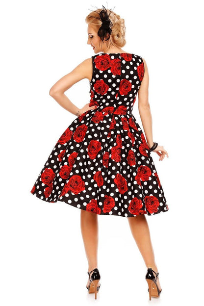 Elizabeth Vintage Style Polka Roses Party Dress in Black-Red