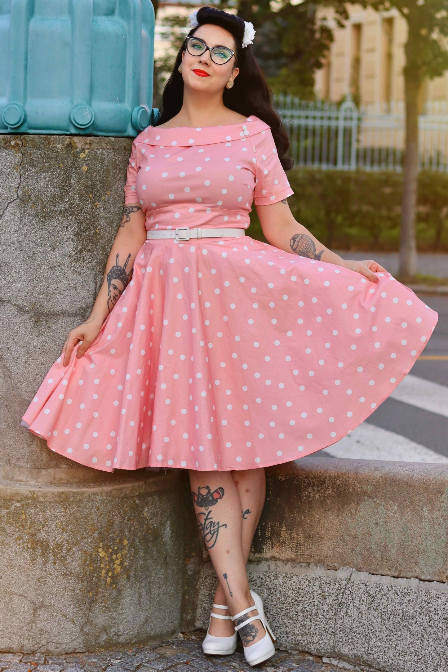 Darlene White Polka Dot Dress In Baby Pink