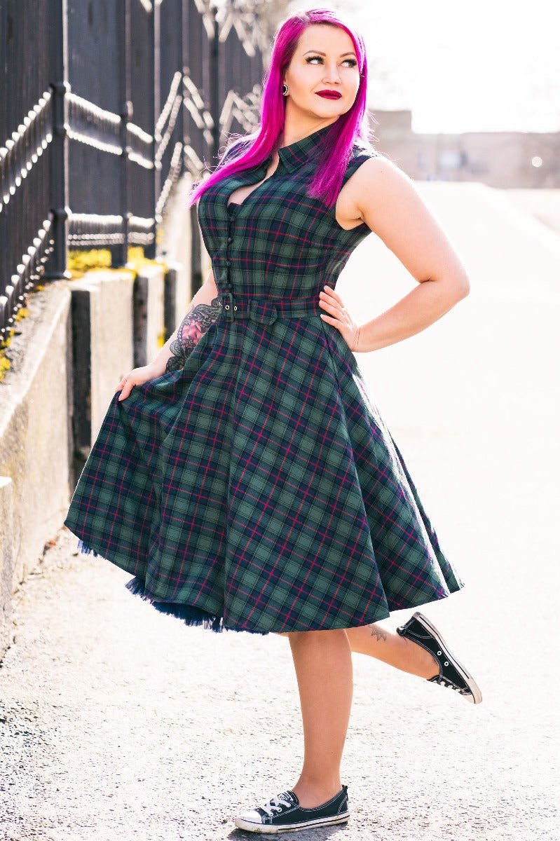 Poppy Retro Shirt Swing Dress in Green Tartan