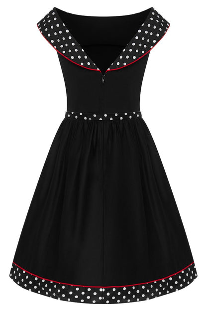 Cindy Retro Dress in Black Polka and Red Piping
